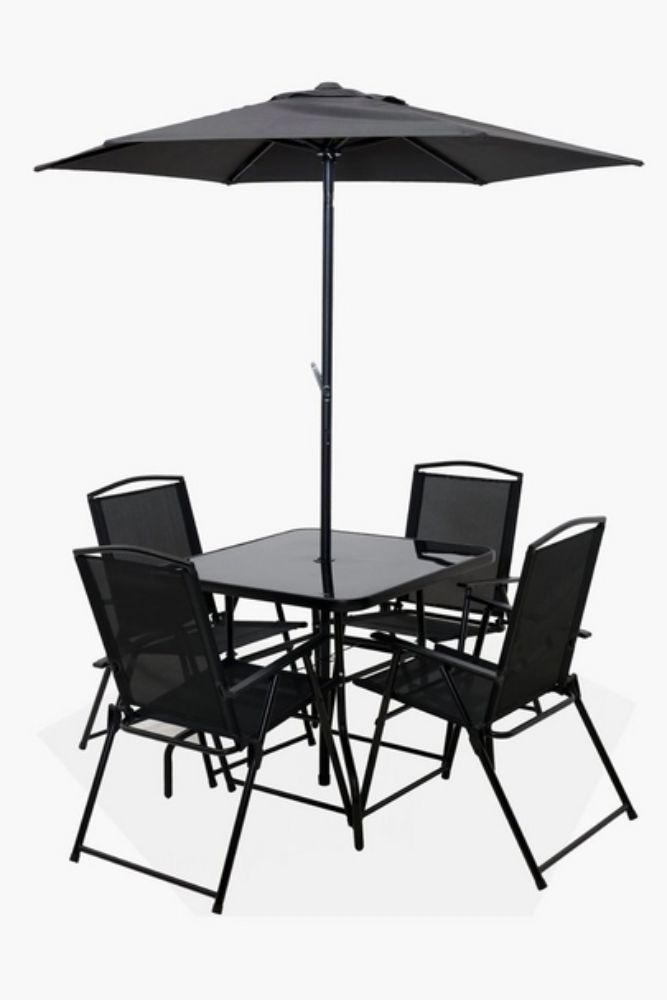 6 Piece Texteline Patio Dining Set Foldable Chairs, Glass Table & Umbrella