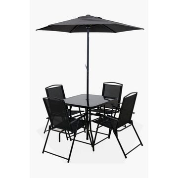6 Piece Texteline Patio Dining Set Foldable Chairs, Glass Table & Umbrella