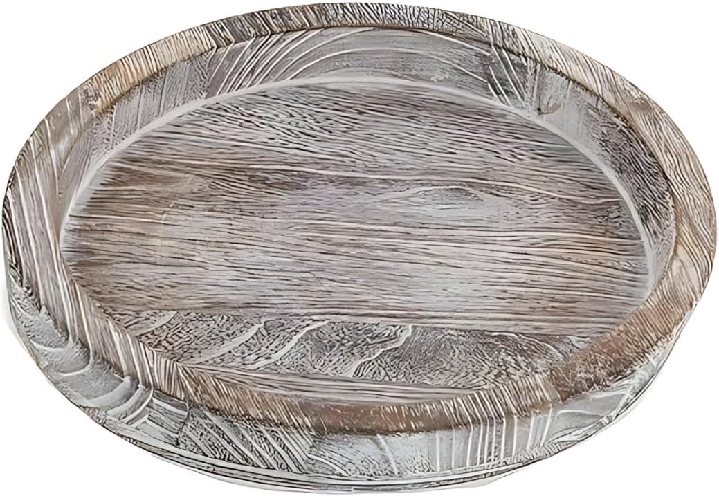 Round Wooden Serving Tray Vintage Home Decor Table Countertop Centerpiece - White Washed