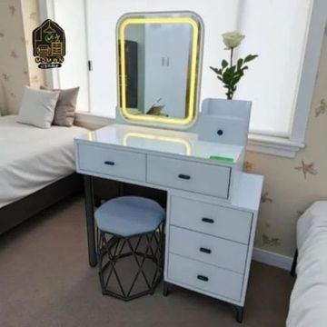 Madiega Furniture - Modern White Vanity Table with Rectangular LED Mirror