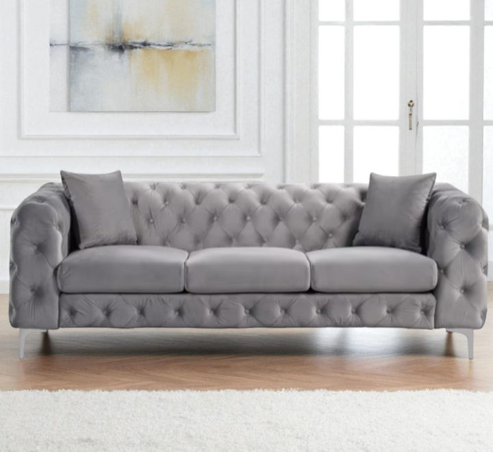 Chesterfield Couch - Light Grey - Velvet 3 Seater