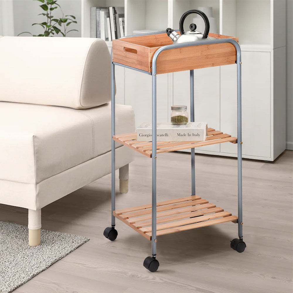 Bamboo Trolley on 4 Wheels with 2 Shelves and Removable Tray