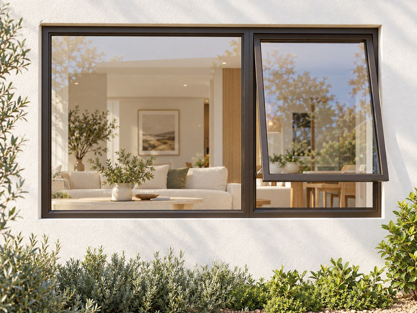 Kenzo Premium Top-Hung Aluminium Window - Bronze, 1500 600 mm, Right Upper Opener with Fixed Side Pane, Clear Glass