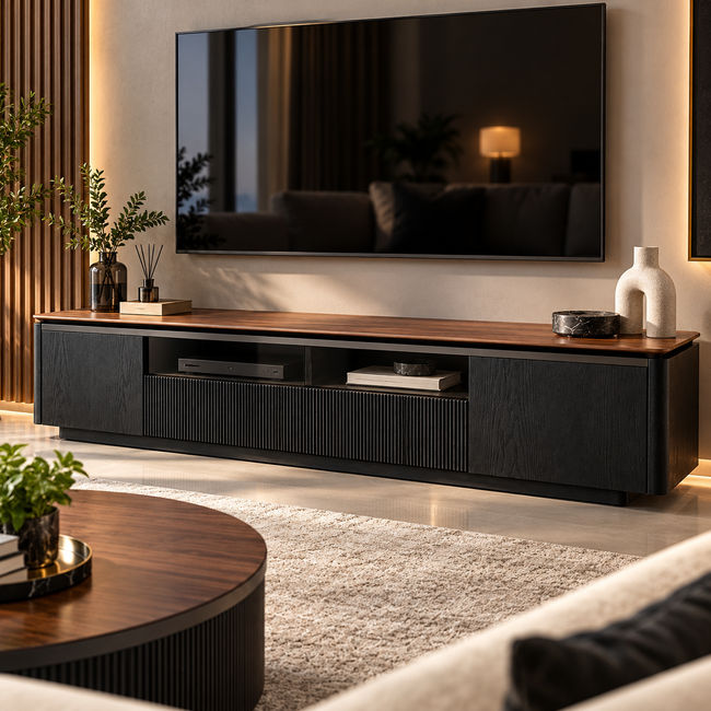 KC FURN – Onyx Black & Walnut TV Stand