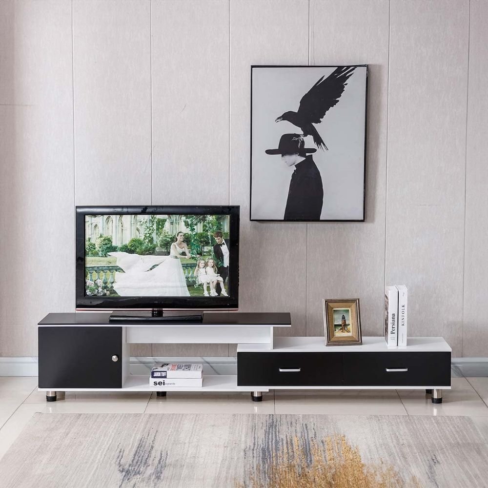 Black & White TV Stand 140–220cm – Adjustable Living Room Media Unit