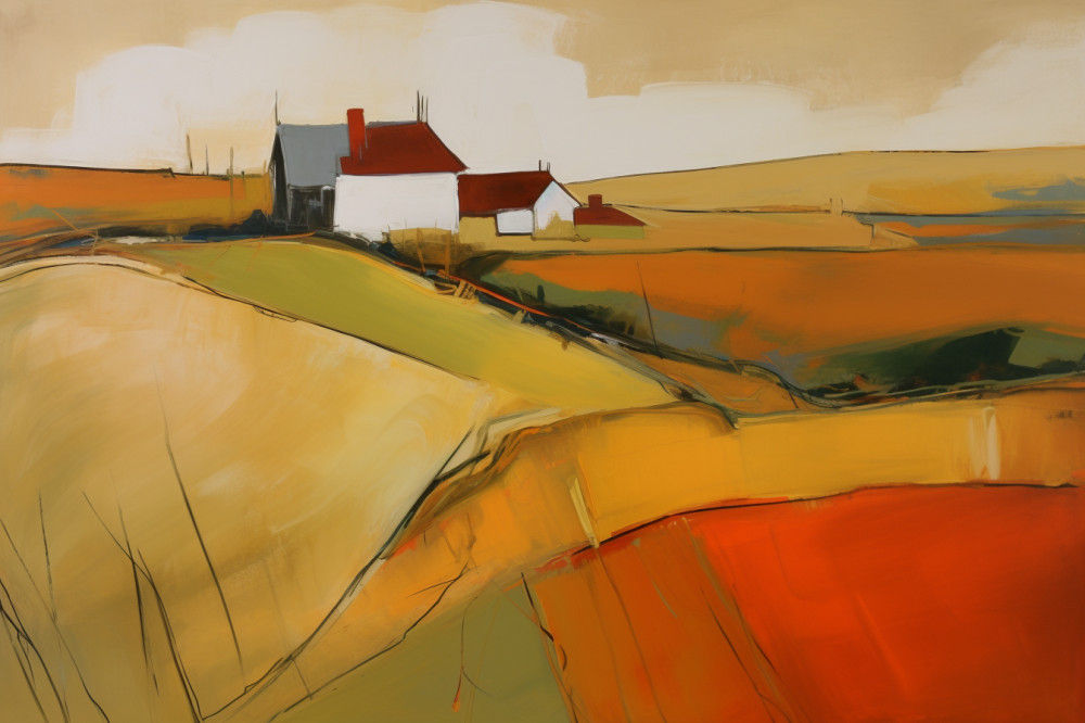 Canvas Wall Art - Abstract Painting Portrays Picturesque Farm - A1510 - [120 x 80 cm]
