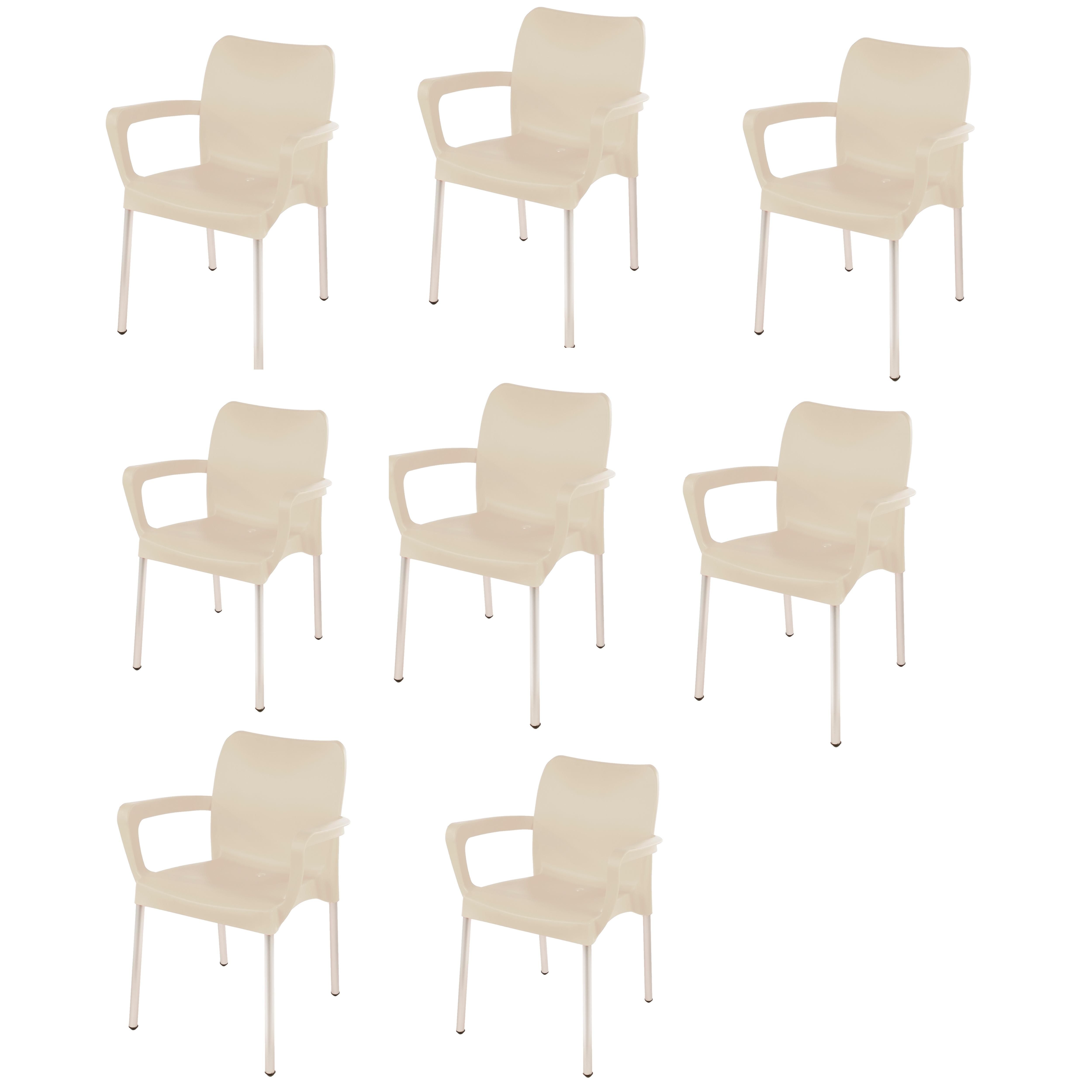 Heavy Duty Plastic Stacking Chair – Bistro Design with Armrests - Beige - Set of 8
