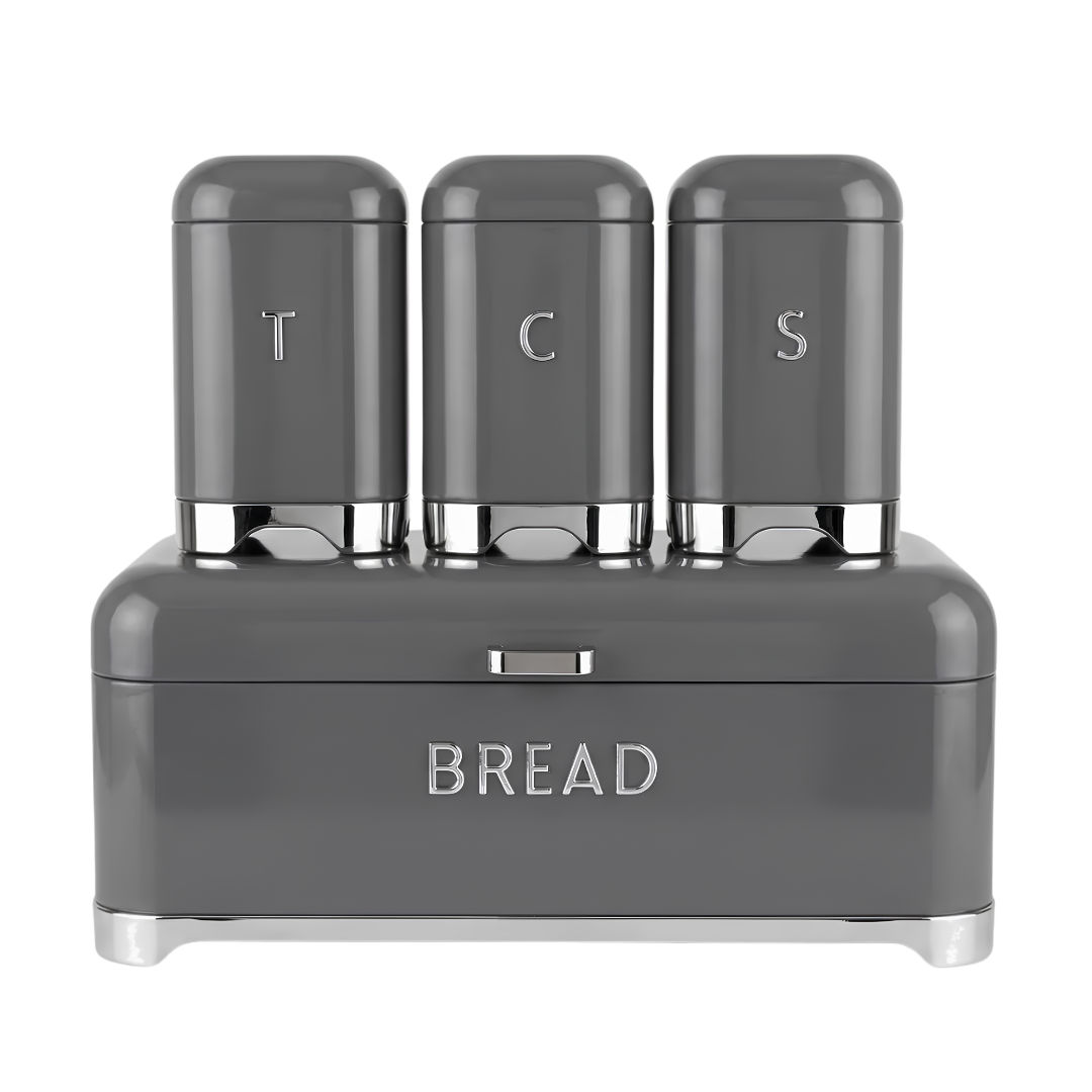 4-Piece Kitchen Countertop Storage Set – Gloss Grey Metal Bread Bin & Matching Tea, Coffee, Sugar Canisters with Silver Trim