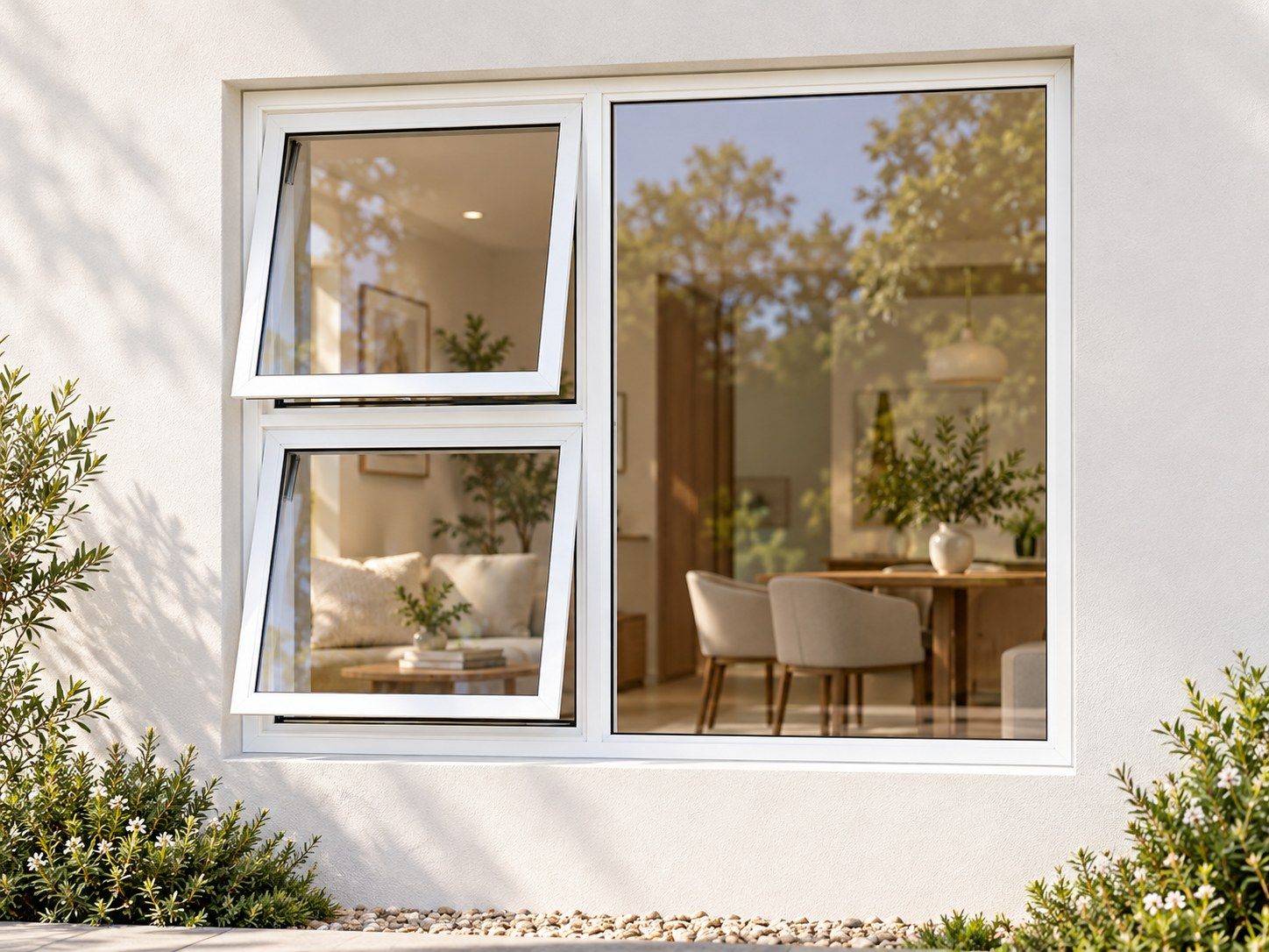 Kenzo Premium Top-Hung Aluminium Window - White, 1500 1200 mm, Left Two Openers with Fixed Side Pane, Clear Glass