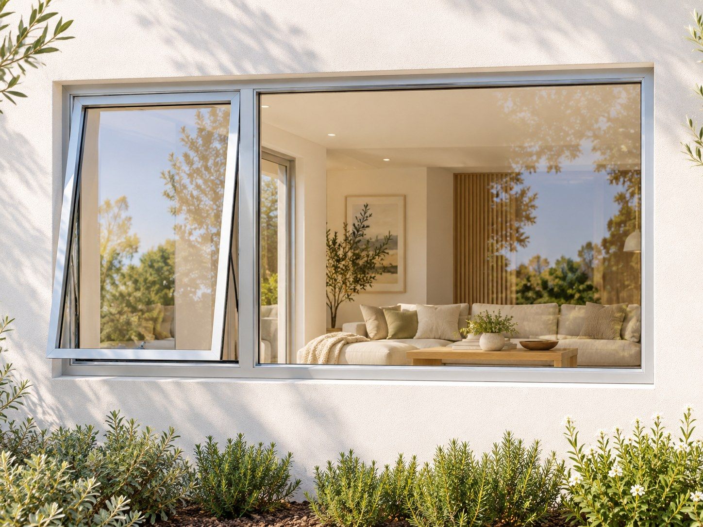 Kenzo Premium Top-Hung Aluminium Window - Silver, 2100 600 mm, Left Upper Opener with Fixed Side Pane, Clear Glass