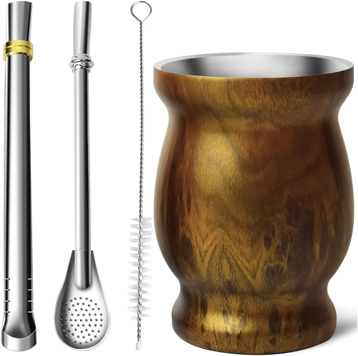Yerba Mate Cup Set - Double Wall Stainless Steel With 2 Bombilla Brush