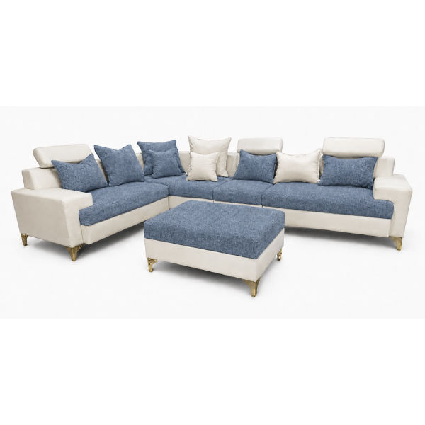 Maya L Shape Corner Sofa – Chenille Fabric with Matching Ottoman Blue
