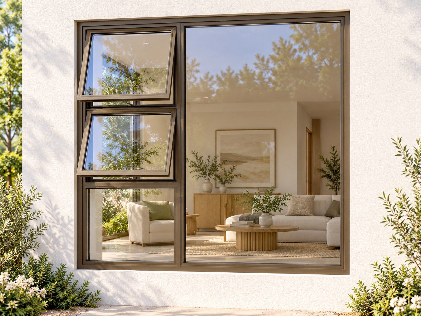 Kenzo Premium Top-Hung Aluminium Window - Bronze, 1800 1800 mm, Left Two Openers with Fixed Lower and Side Panes, Clear Glass