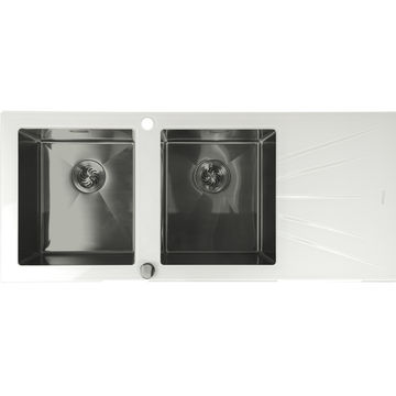 Mahina Double Bowl Glass Kitchen Sink White- Gun Metal Grey