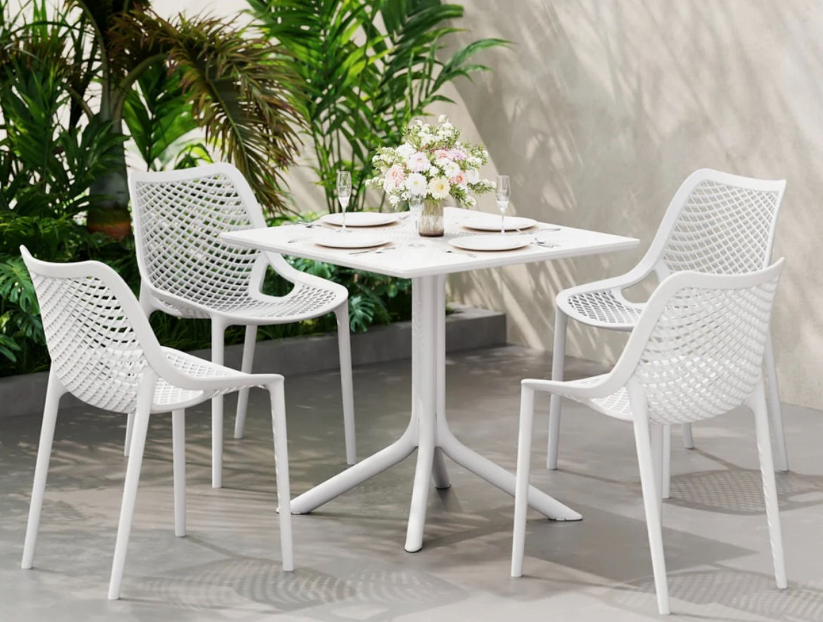 -Piece Modern Square Patio Dining Table Set with Stackable Patio Dining Chairs-WHITE