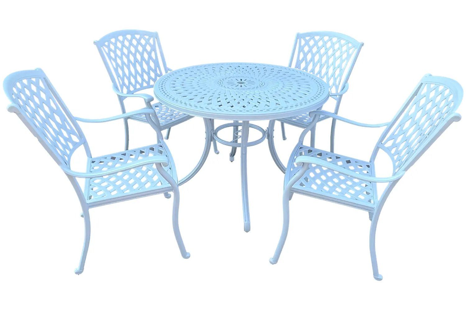 Tuscan Aluminium Dining Set 4-Seater 1000mm Round (White, Green Cushions)