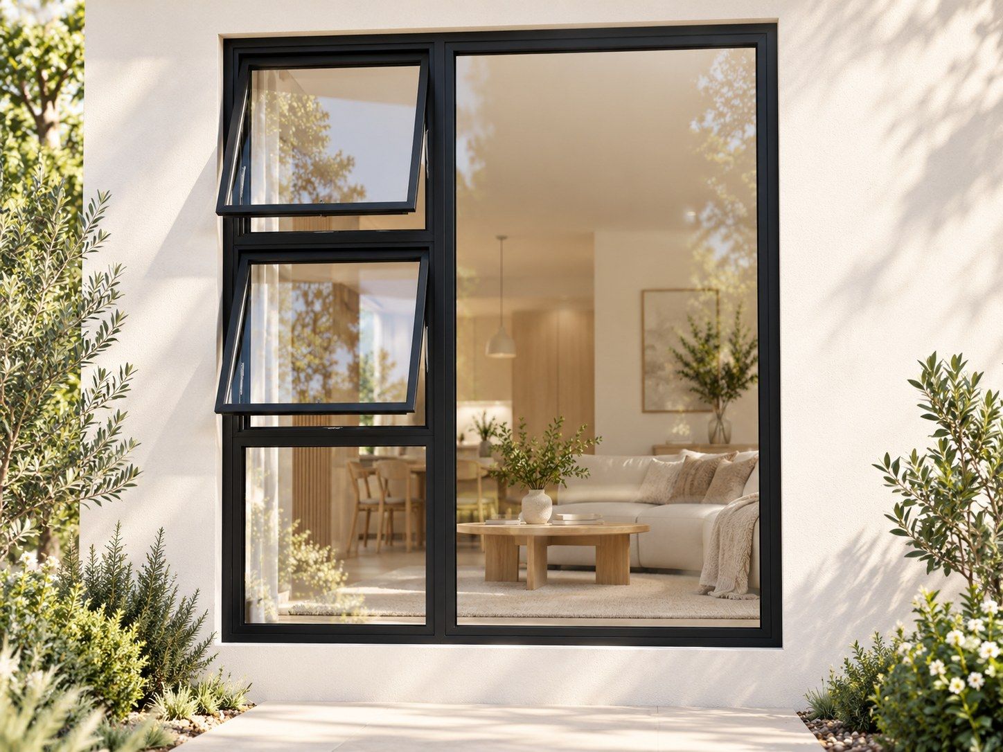 Kenzo Premium Top-Hung Aluminium Window - Black, 1500 1800 mm, Left Two Openers with Fixed Lower and Side Panes, Clear Glass