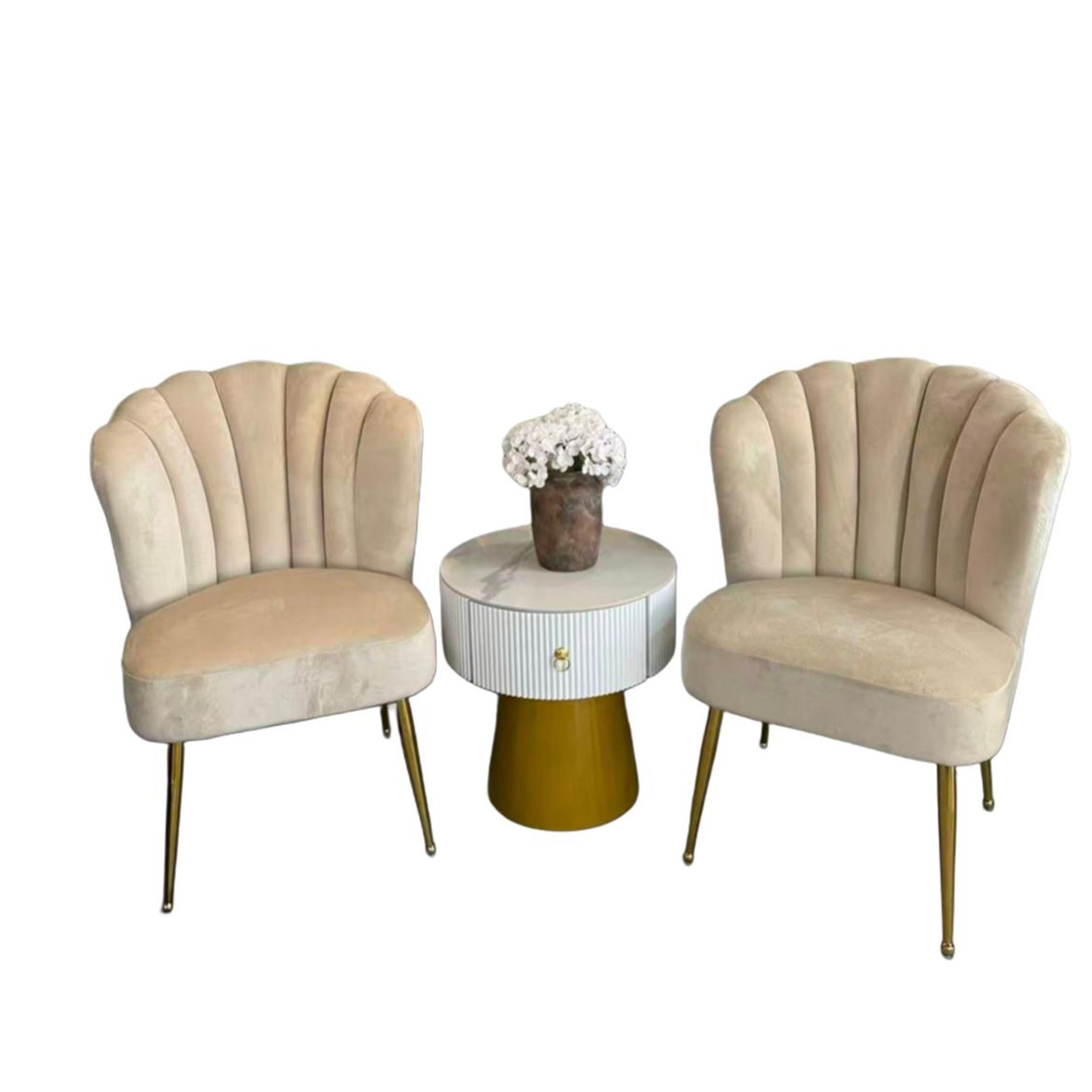 Madiega Furniture - Cream Velvet Shell Chairs & Gold Accent Table Set