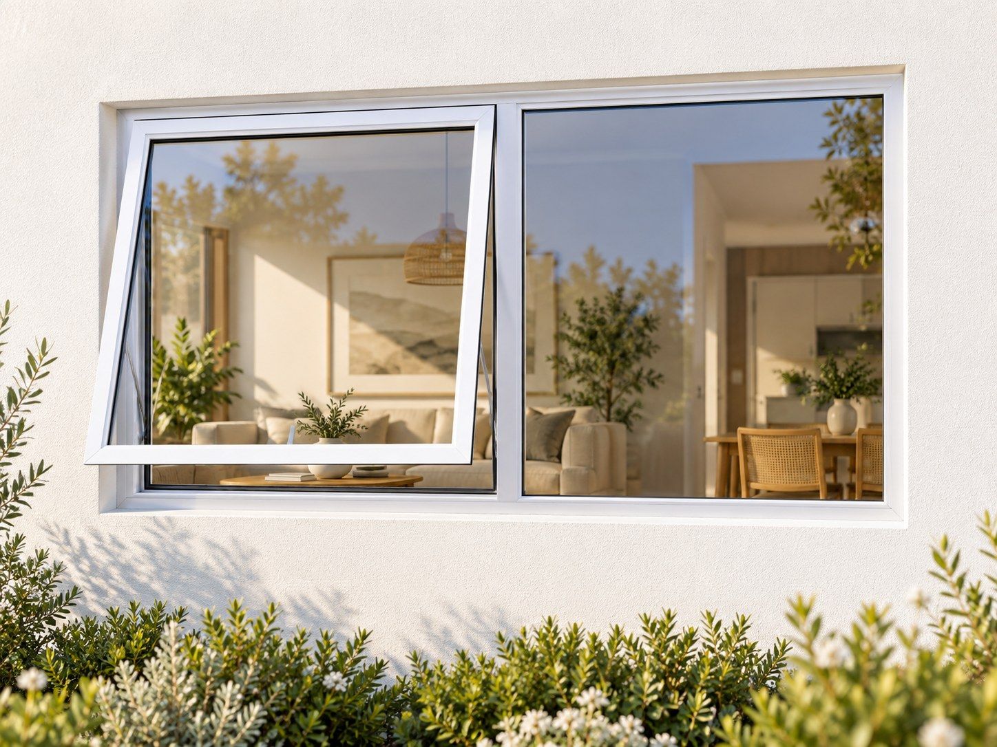 Kenzo Premium Top-Hung Aluminium Window - White, 1200 600 mm, Left Upper Opener with Fixed Side Pane, Clear Glass