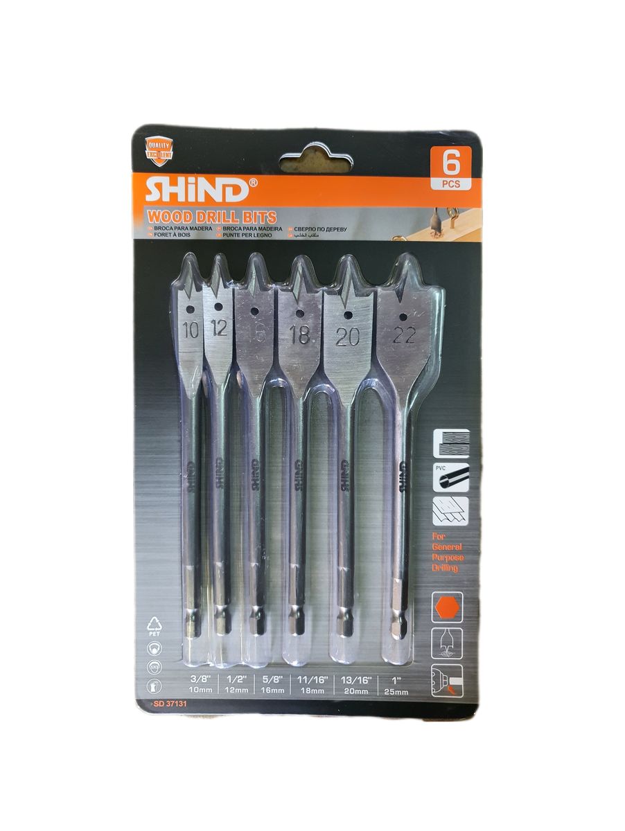 Shind 6-Piece Flat Wood Drill Bit Set – High-Speed Steel Spade Bits for Fast, Clean Wood Drilling