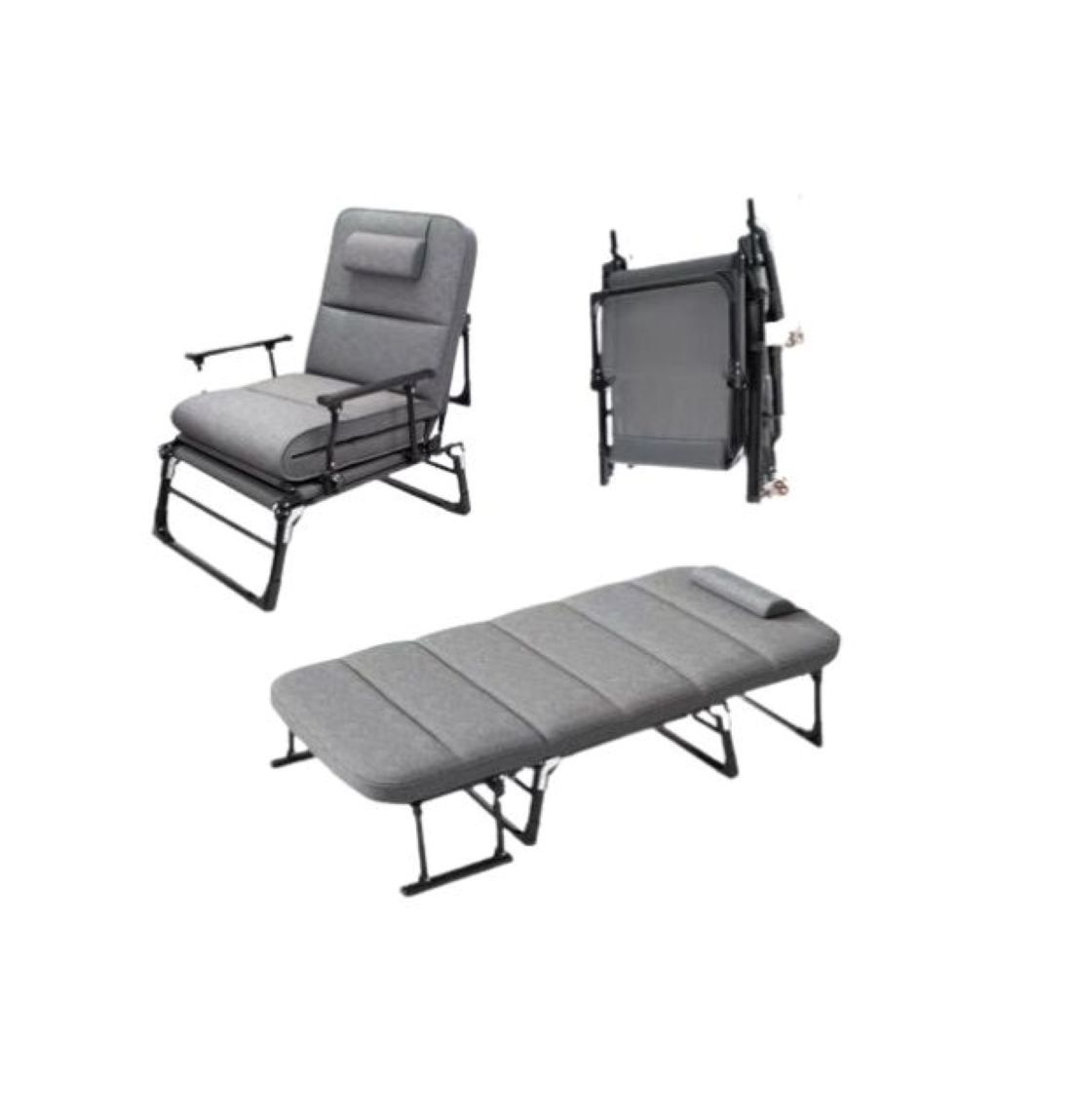 Folding Guest Chair Bed, Grey Upholstery, Metal Frame, Convertible Design