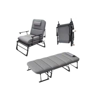 Folding Guest Chair Bed, Grey Upholstery, Metal Frame, Convertible Design