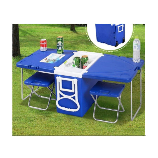 plastic cooler box, chairs and table