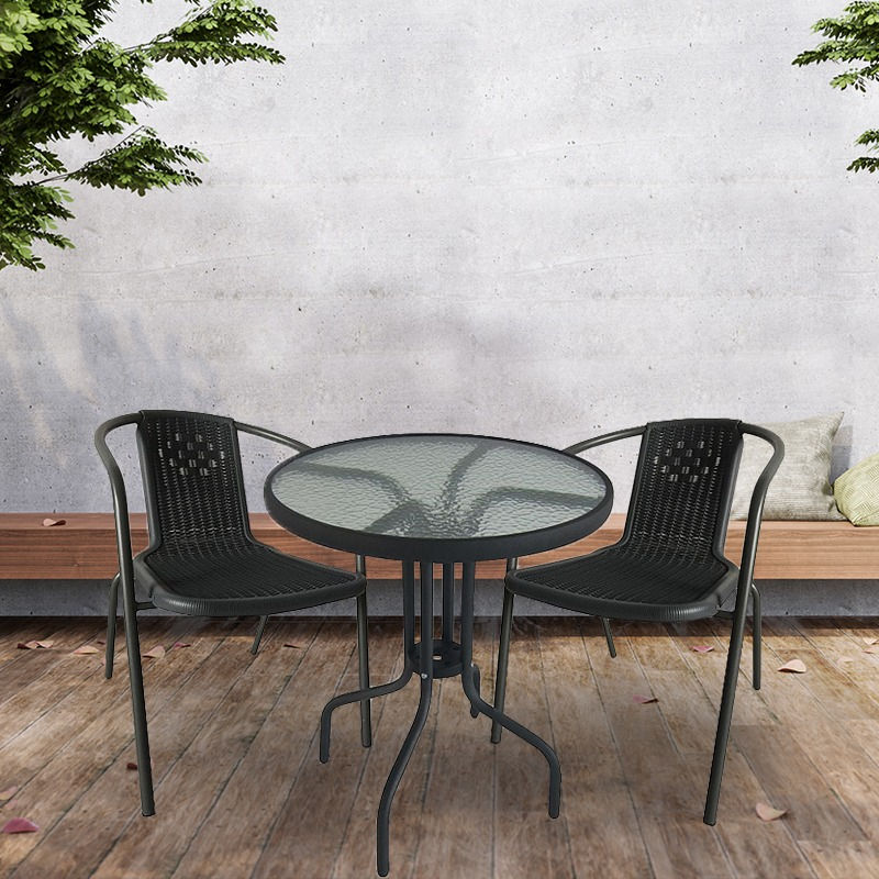 3Pc Outdoor Wicker Set With Glass Top Table - BLACK