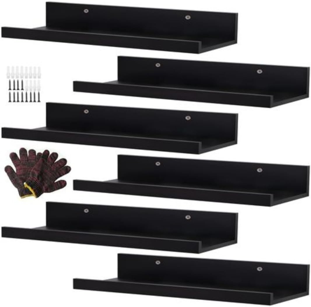 6 Pack Floating Shelves With Lips Hanging Wall Decor For Bedroom Bathroom - Modern Black