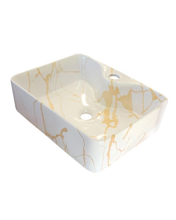 Square Table Top Basin – White & Gold Marble