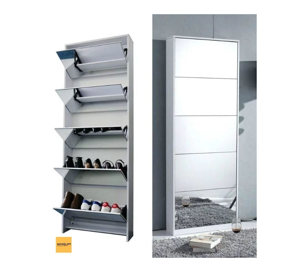 Mirror Shoe Rack  Wood Grey