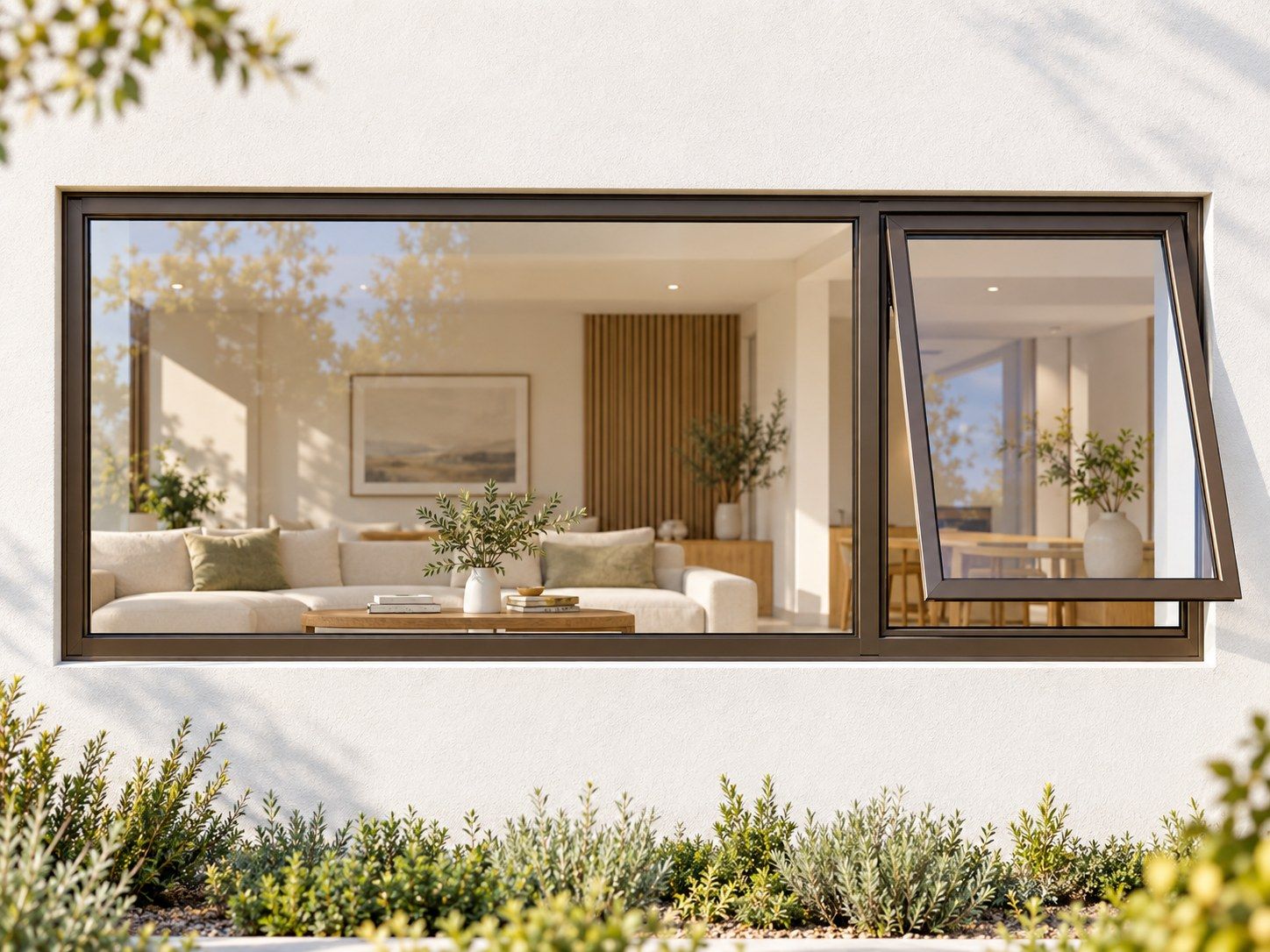 Kenzo Premium Top-Hung Aluminium Window - Bronze, 2400 600 mm, Right Upper Opener with Fixed Side Pane, Clear Glass