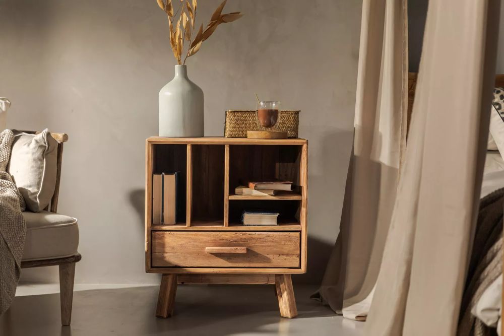 VOYAGER PEDESTAL RECLAIMED PINE BEDSIDE TABLE WITH DRAWER & OPEN SHELVING