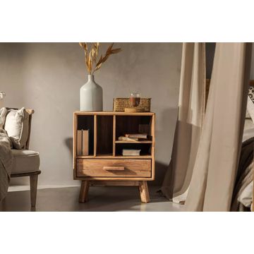 VOYAGER PEDESTAL RECLAIMED PINE BEDSIDE TABLE WITH DRAWER & OPEN SHELVING