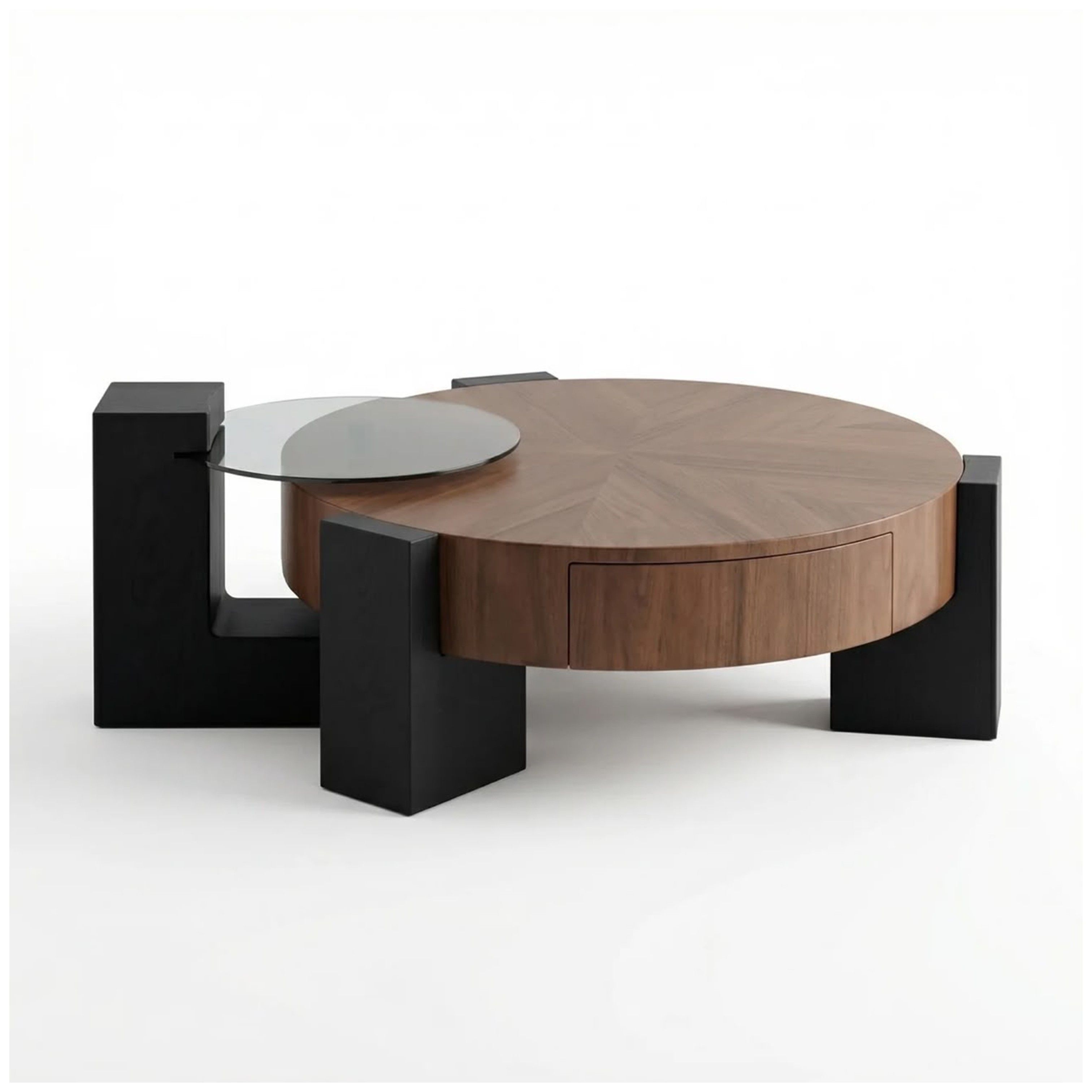 Madiega Furniture - Modern Dual-Tier Walnut and Black Nesting Coffee Table Set with Tempered Glass