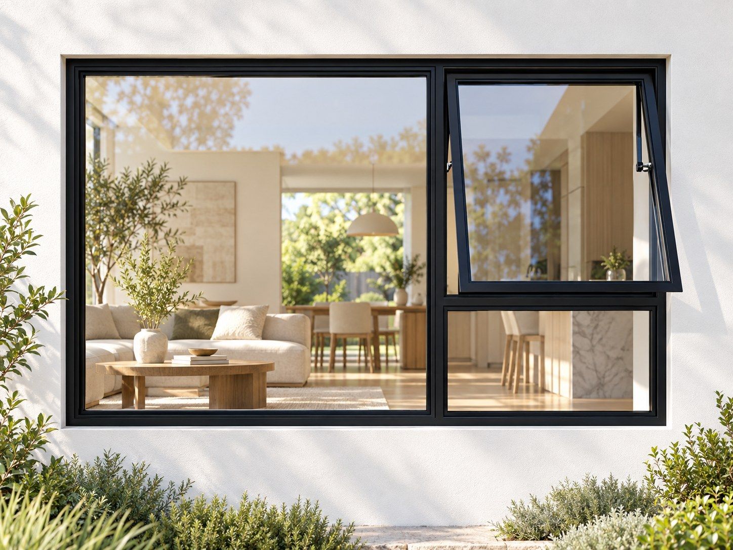 Kenzo Premium Top-Hung Aluminium Window - Black, 1800 900 mm, Right Upper Opener with Fixed Lower and Side Panes, Clear Glass