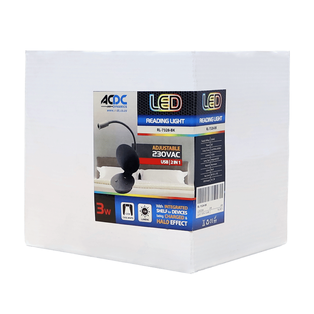 240VAC 3W LED ALU WALL LIGHT FITTING BLK + USB
