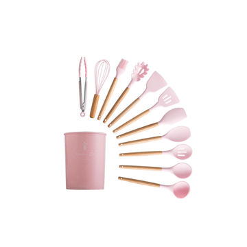 Kitchen Utensils Set of 12 Silicone Non Stick Includes Holder - Pink