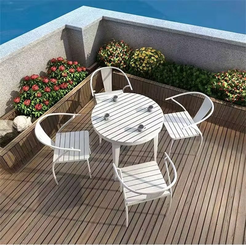 5 Piece Conversation ESS Set for Indoor/Outdoor Round Metal Table and 4 Armchairs, PS Plastic Chairs with Wooden Frame