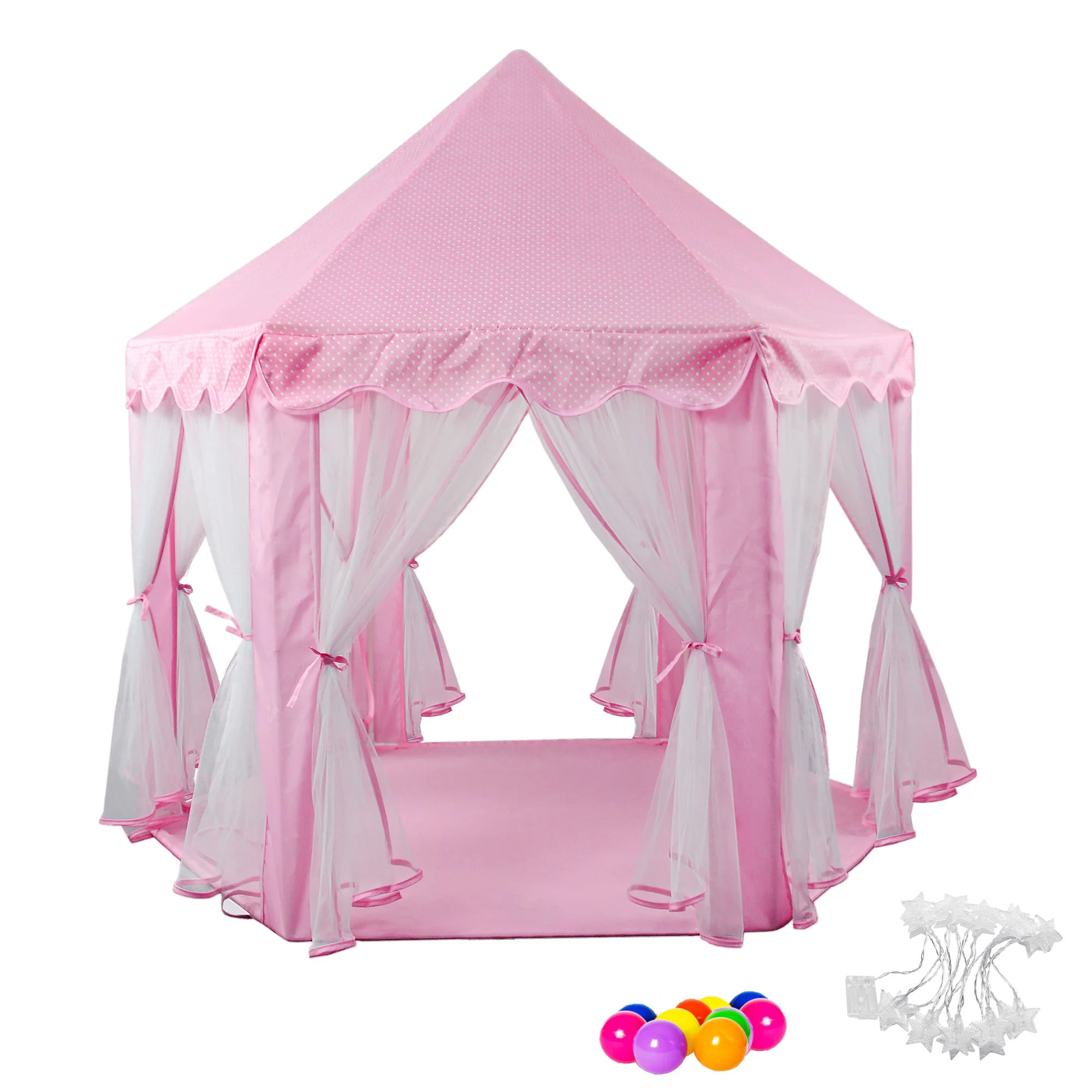 Kids Playing Castle Tent Playhouse with LED Light String - Pink