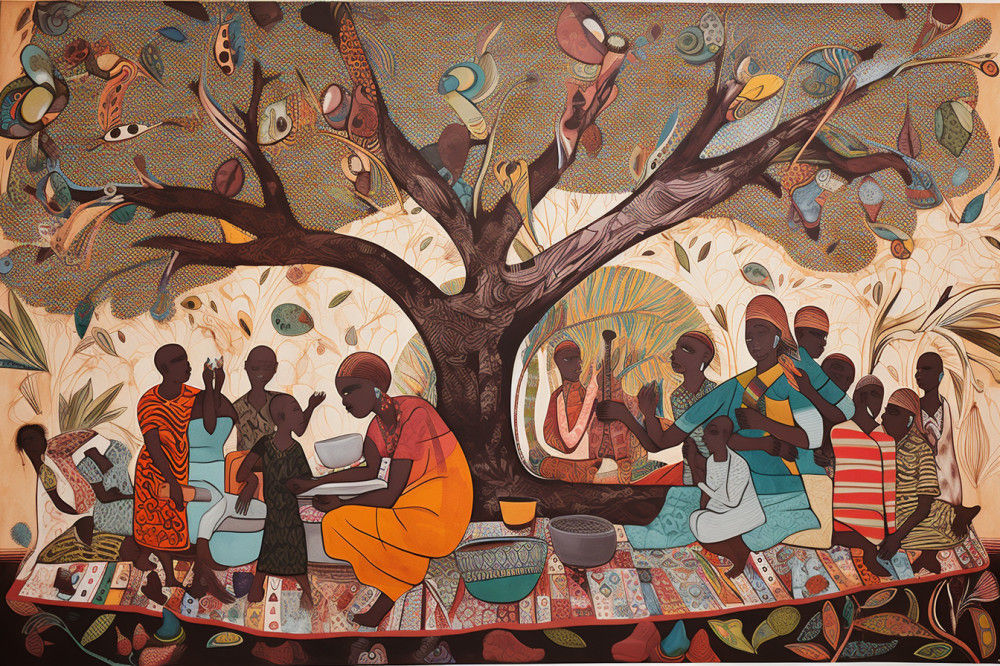 Canvas Wall Art - African Villagers Under a Tree - A1493 - [120 x 80 cm]