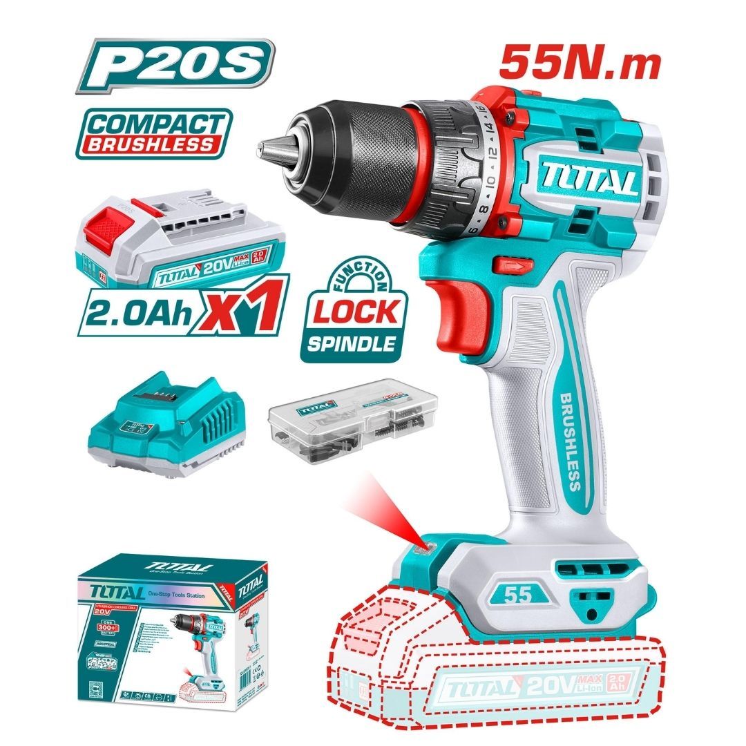 Total Compact Brushless Cordless Drill 20V 2000Rpm 55Nm 13Mm With B/C- 2 Pack