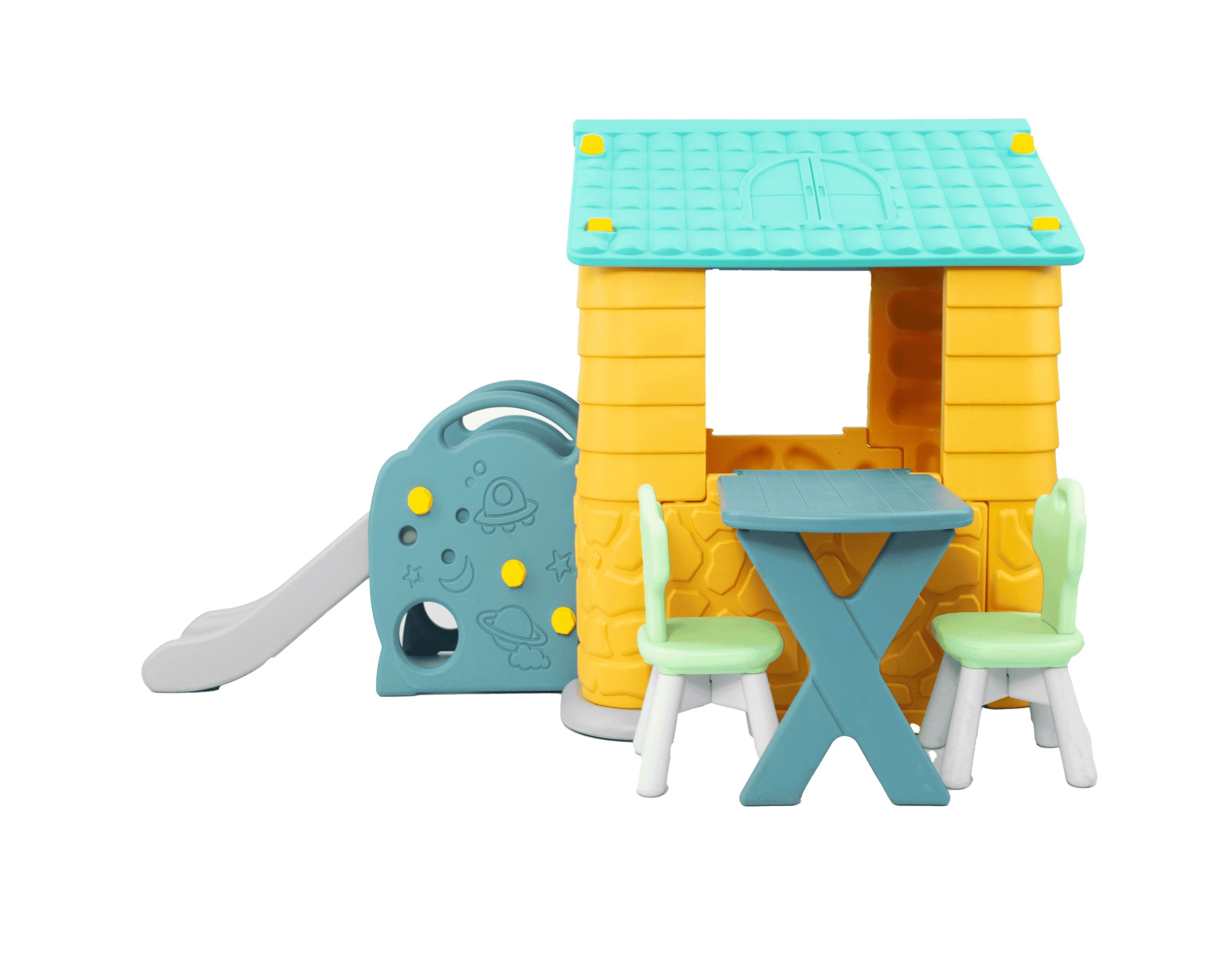 Kids Exquisite Playhouse with Slide, Chairs and Table Green Air