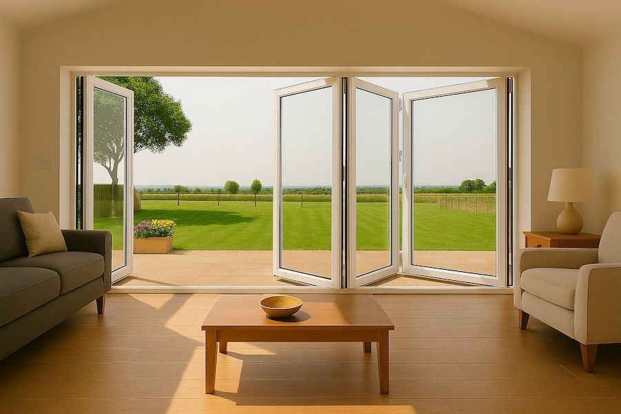 Kenzo - SFD4FG7LW - Aluminium Fold A-Side Door 2.8mx2.1m White 3 Doors Open Left, 1 Door Open Right Viewed From Outside