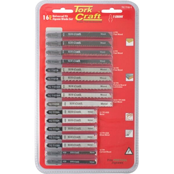 T-Shank Jigsaw Blades 16Pc Set Assorted Metal & Wood Cutting