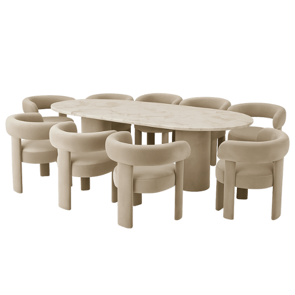 Vintos Dining Set – Marble Top Table with 8 Chairs