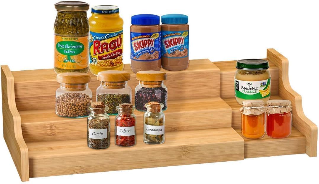 3 Tier Expandbale Bamboo Spice Rack Organiser Cabinet With Labels & Marker - L