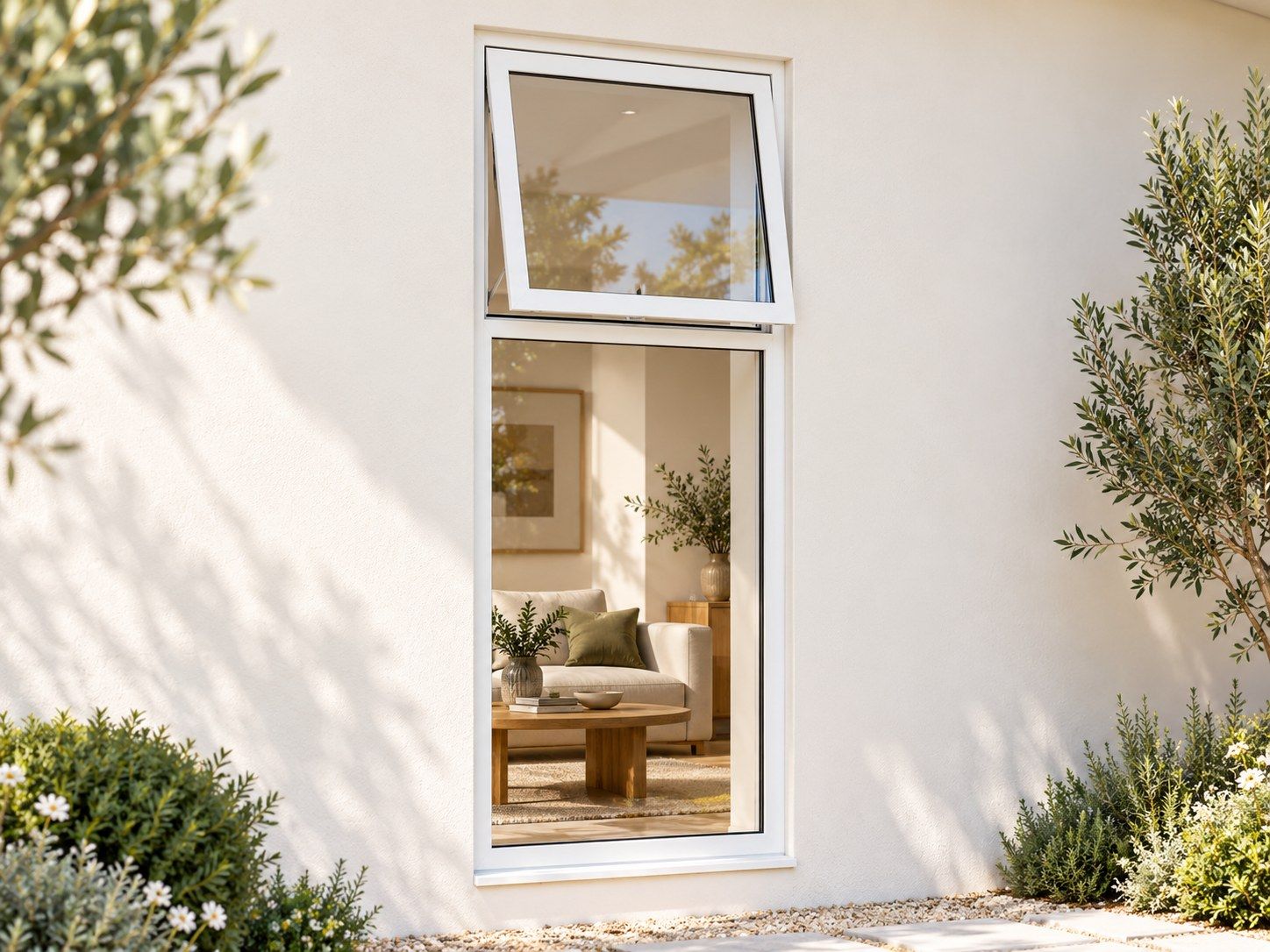 Kenzo Premium Top-Hung Aluminium Window - White, 600 1800 mm, Upper Opener with Fixed Lower Pane, Clear Glass