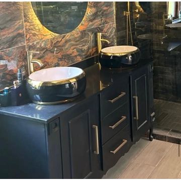 Double Vanity black with Black Stone Top – 1600mm, Queen Anne Legs, Gold Handles, 2 Doors, 3 Drawers