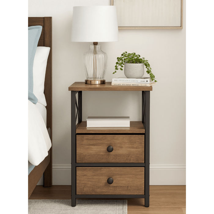 Rio 2-Drawer Nightstand & Bedside Table – 60cm High – Stonewood Finish